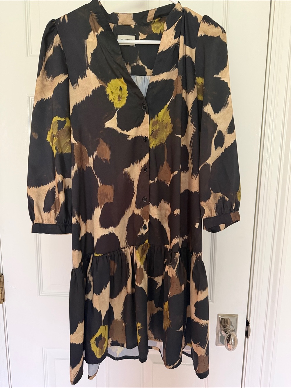 Button-Front Mini Dress in Black with Tan and Olive Print